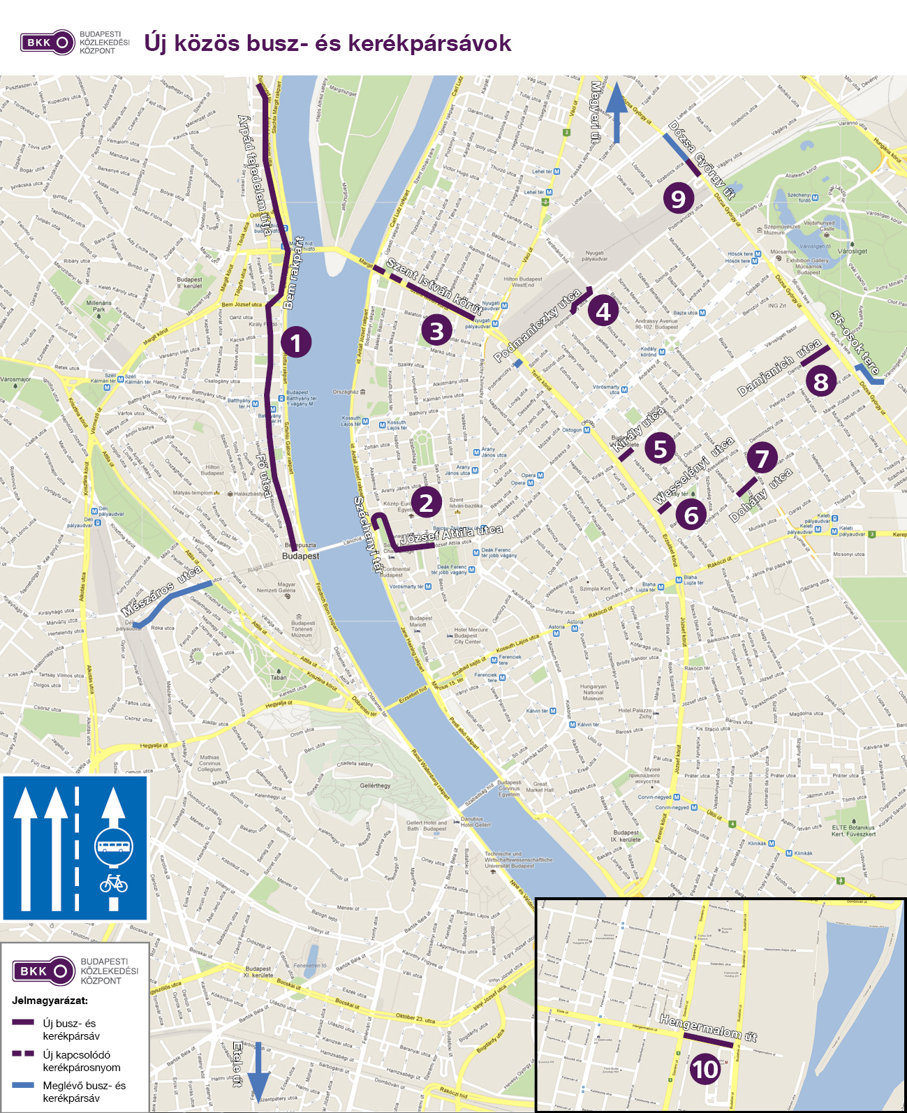 A kerékpáros és buszsávok helyszínei (térkép)