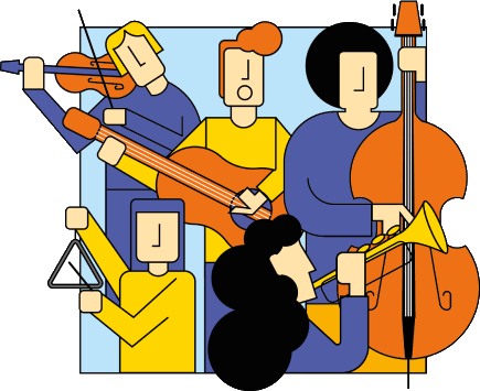 Dalos Pontok ábrája, a képen zenekar látható, balról jobbra haladva, hegedűs, gitáros, csellós, triangulumos és trombitás.