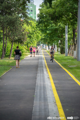 Gyalogosok és egy kerékpárral közlekedő