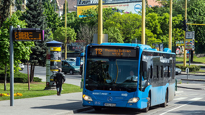 Megállóban álló busz a FUTÁR-tábla mellett