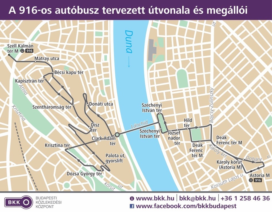 A 916-os autóbusz tervezett útvonalának és megállóinak a térképe