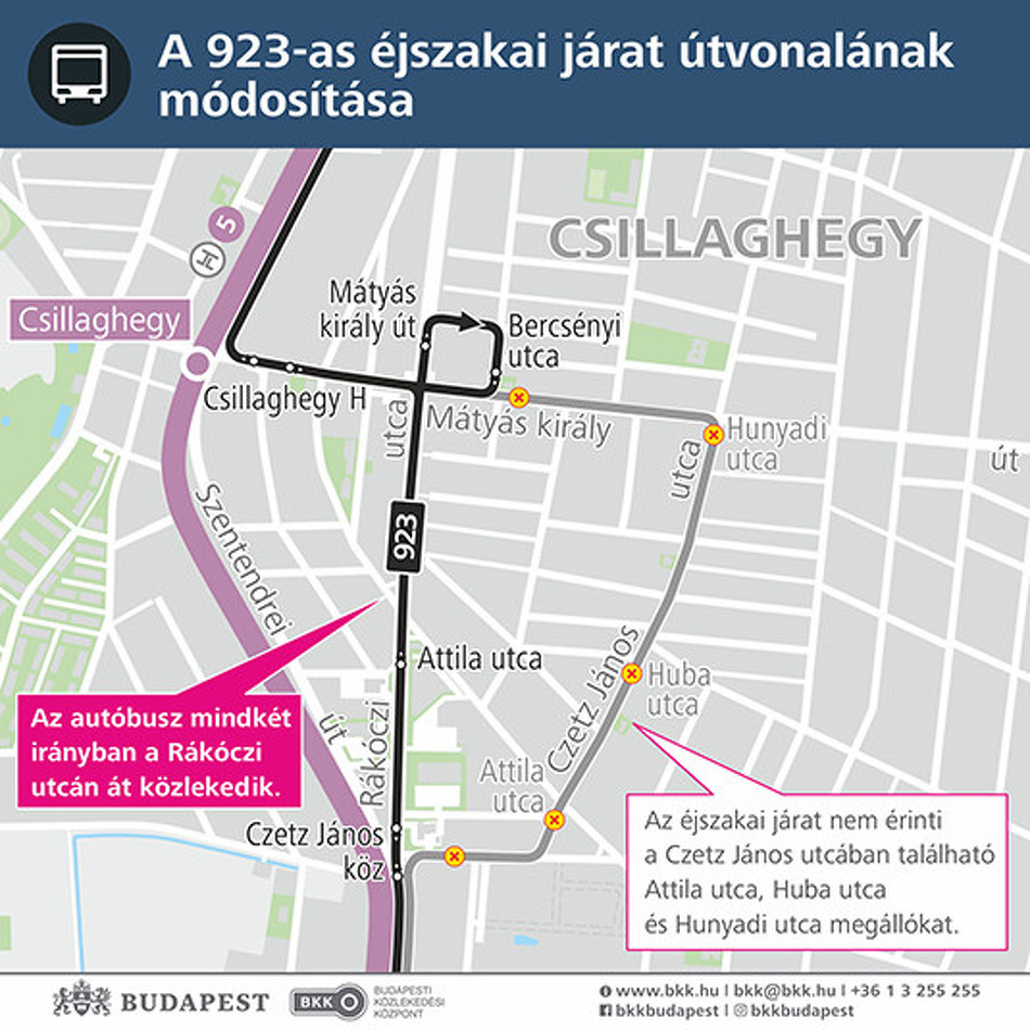 A 923-as éjszakai járat útvonali módosításának térképe