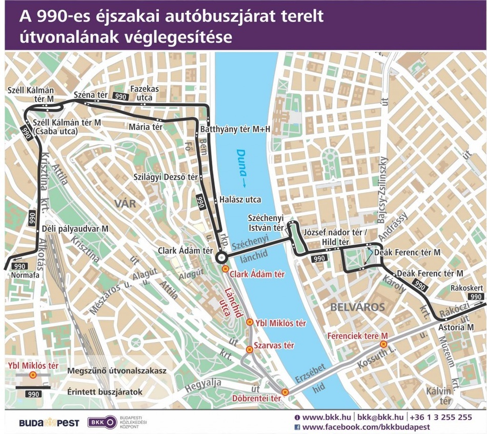Térkép a 990-es éjszakai autóbuszjárat terelt útvonalának véglegesítéséről