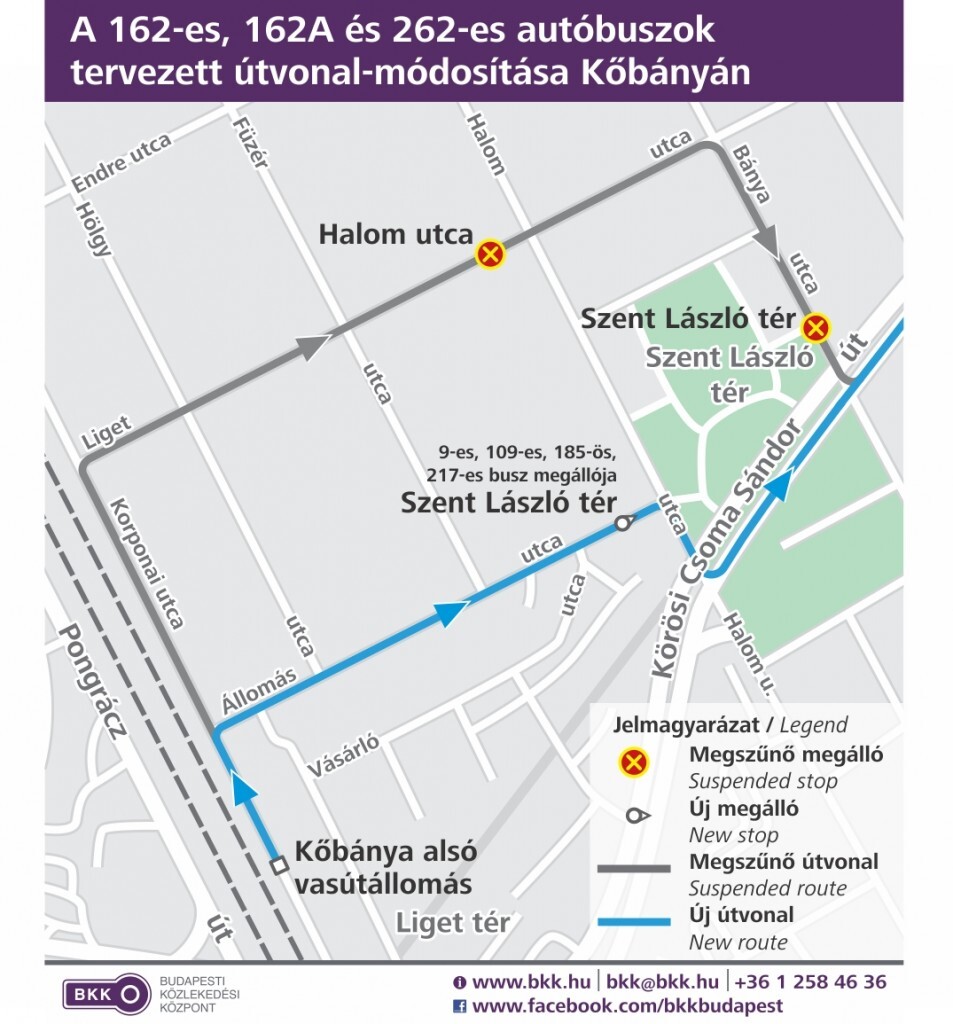 A 162-es, 162A és 262-es autóbuszok tervezett útvonal-mosódítása Kőbányán - térkép