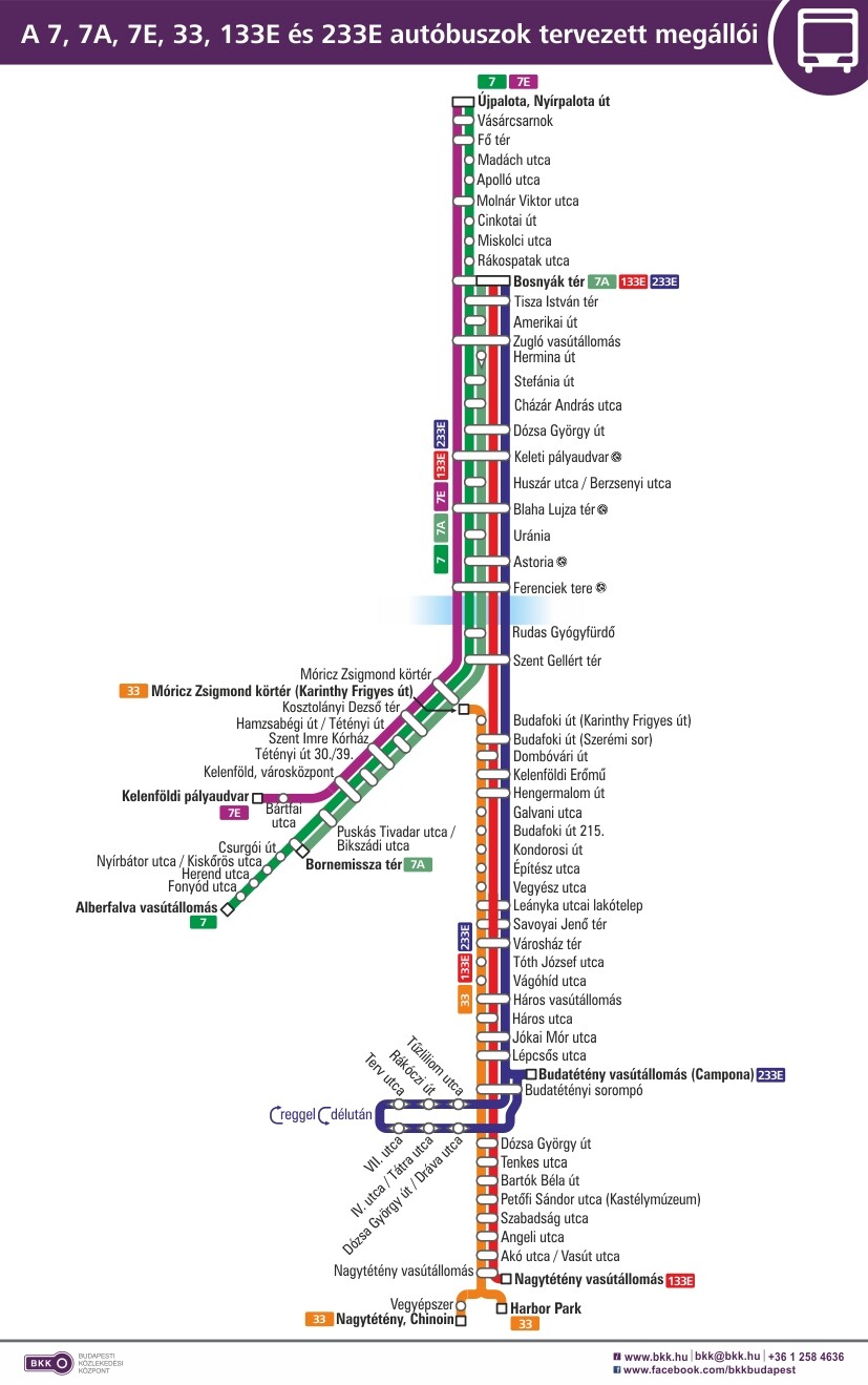 A 7, 7A, 7E, 33, 133E és 233E autóbuszok tervezett megállóinak térképe