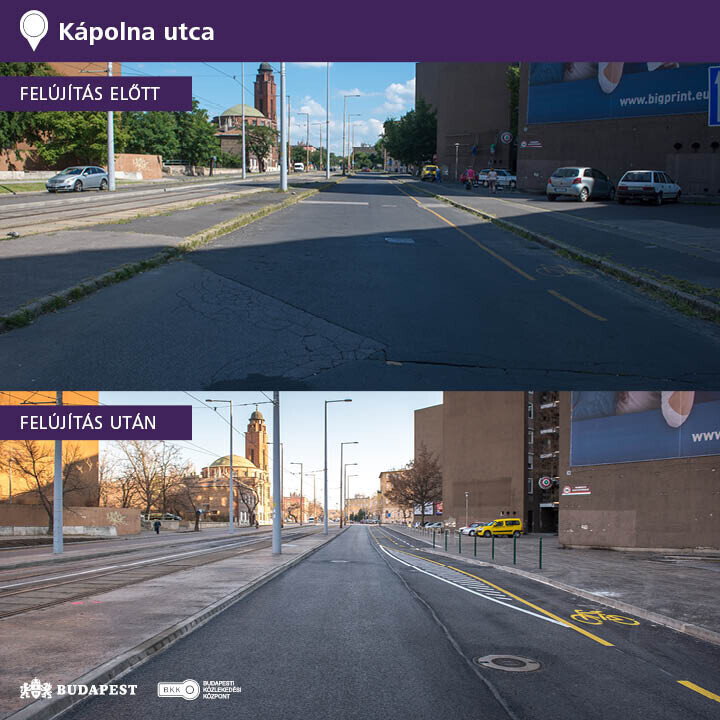 Felújítás előtt és után a Kápolna utca