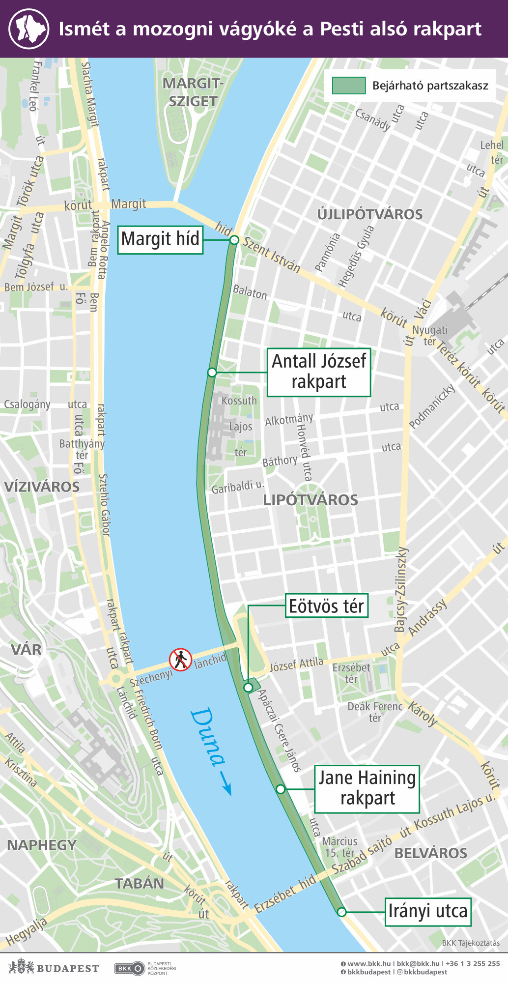 Pesti alsó rakpart, bejárható útszakasz.
