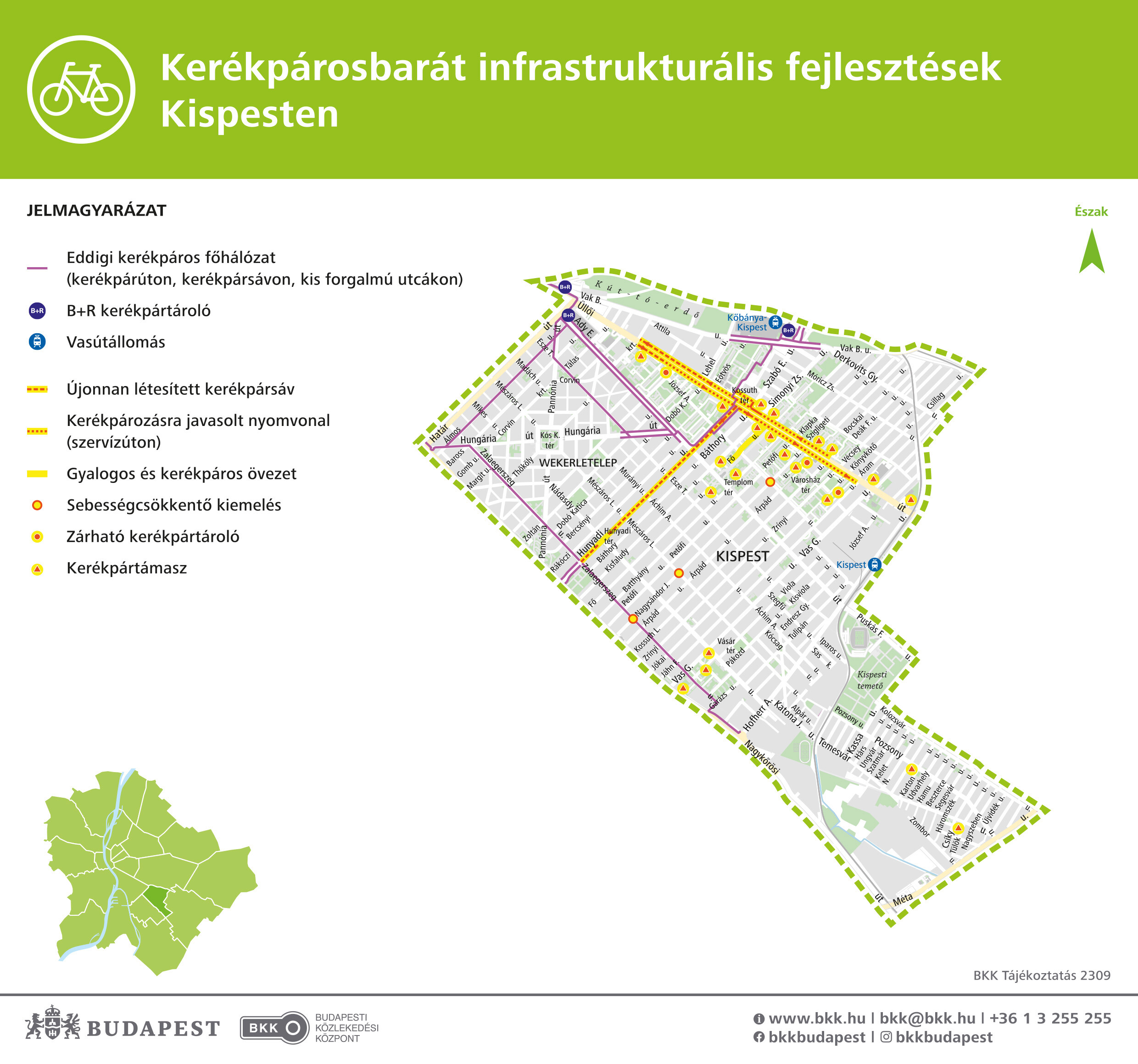 Kerékpárosbarát fejlesztések Kispesten, térképen.