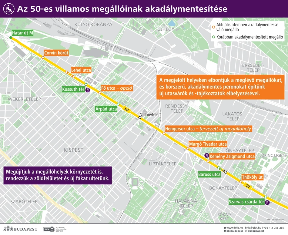 50-es villamos vonala térképen.