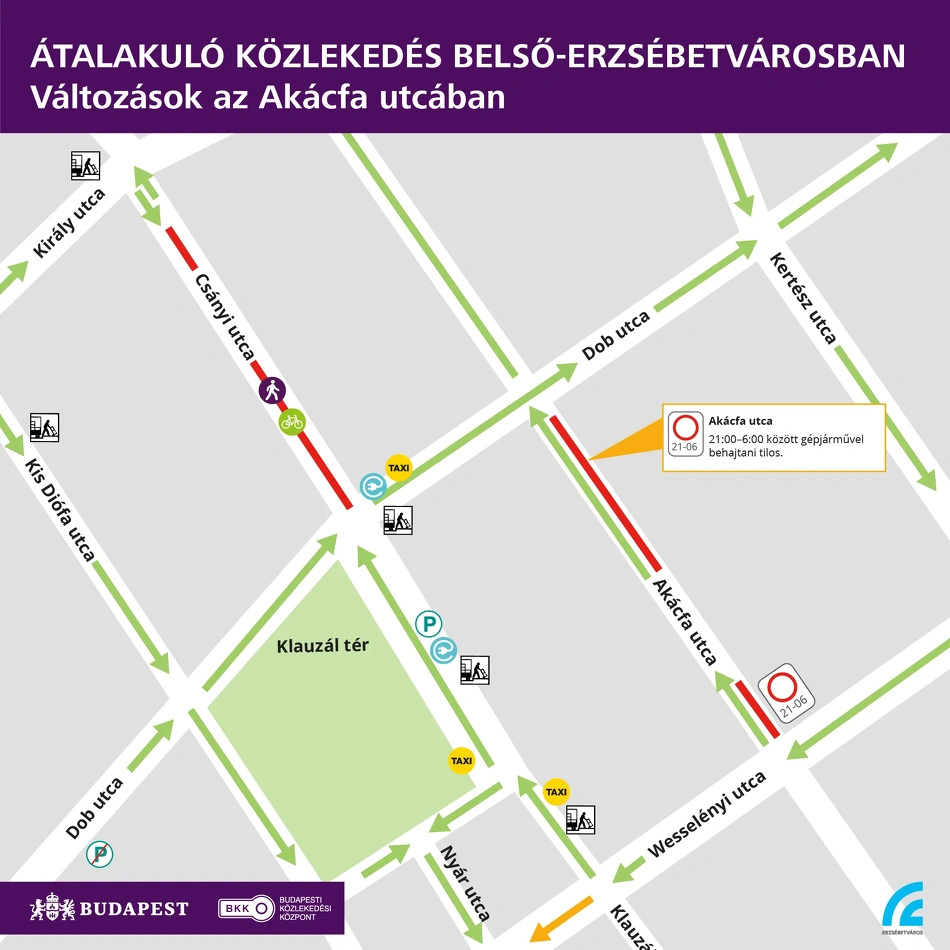 Új forgalmi rend Belső-Erzsébetvárosban - így módosul a forgalmi rend az Akácfa utcában