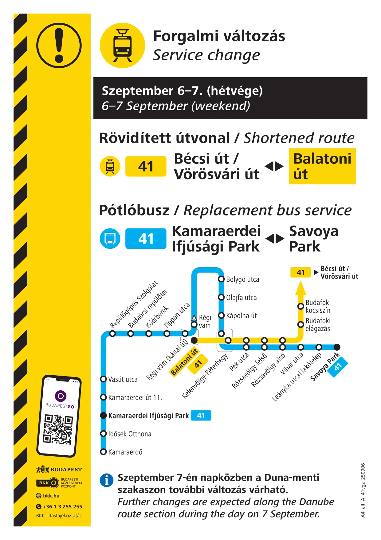 41-es villamos közlekedése a szeptember 6-7-i hétvégén