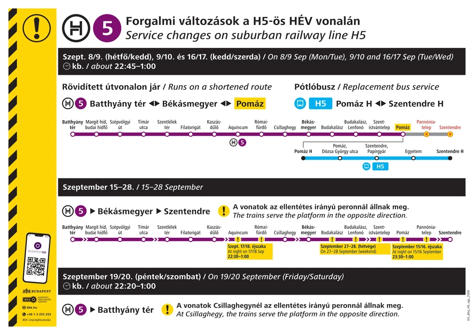 Így jár a H5-ös HÉV szeptember 8-án, 9-én és 16-án, mindhárom nap a késő esti órákban