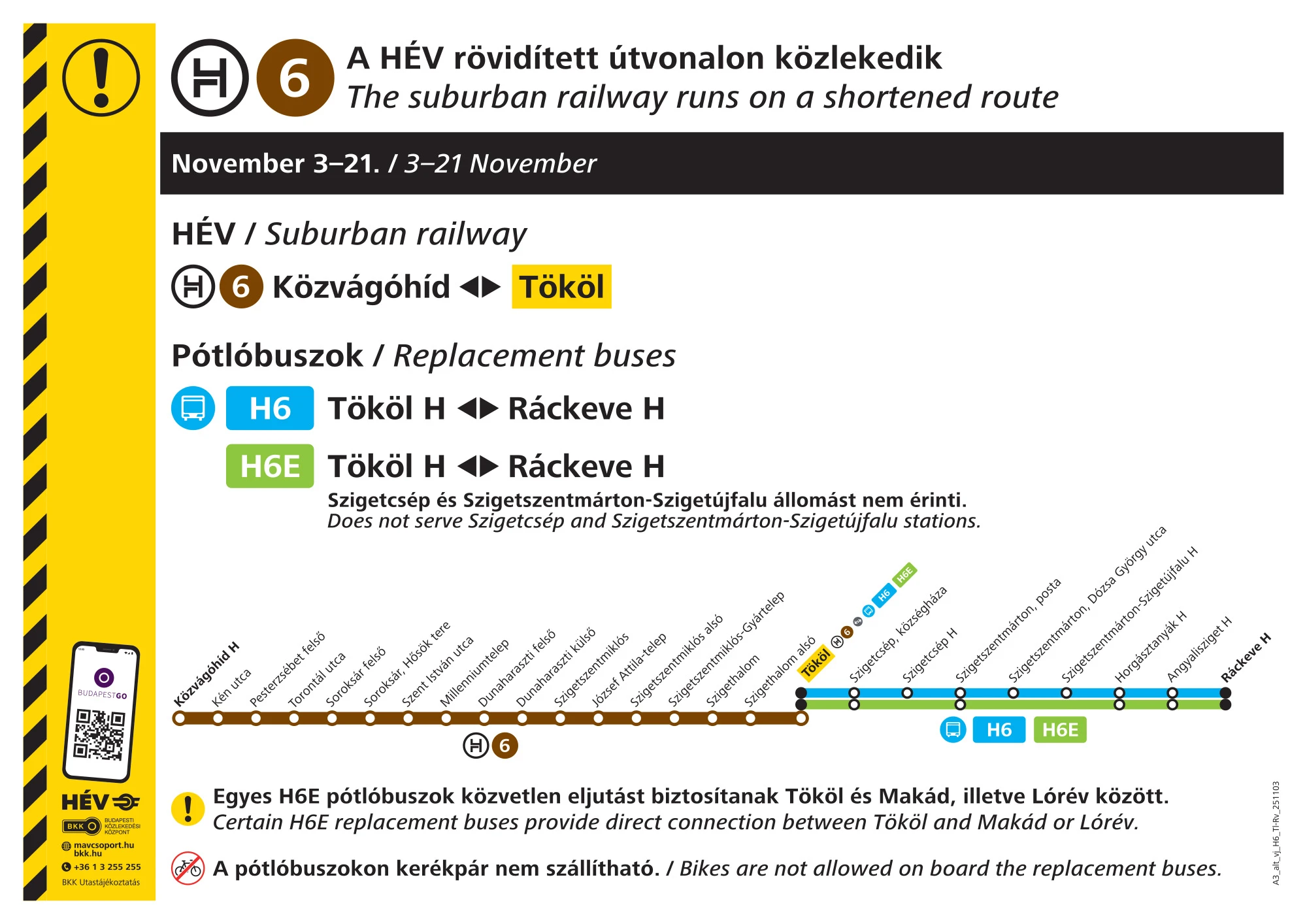 H6-os HÉv menetrendje november 3. és 21. között
