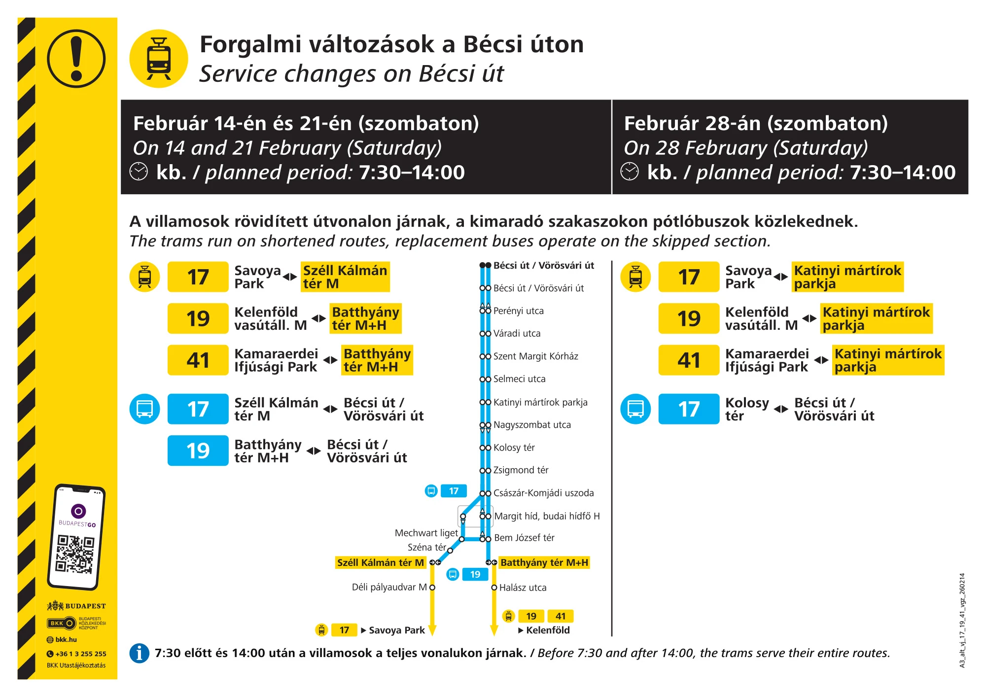 A 17-es, a 19-es és a 41-es villamos közlekedési rendje február 28-án
