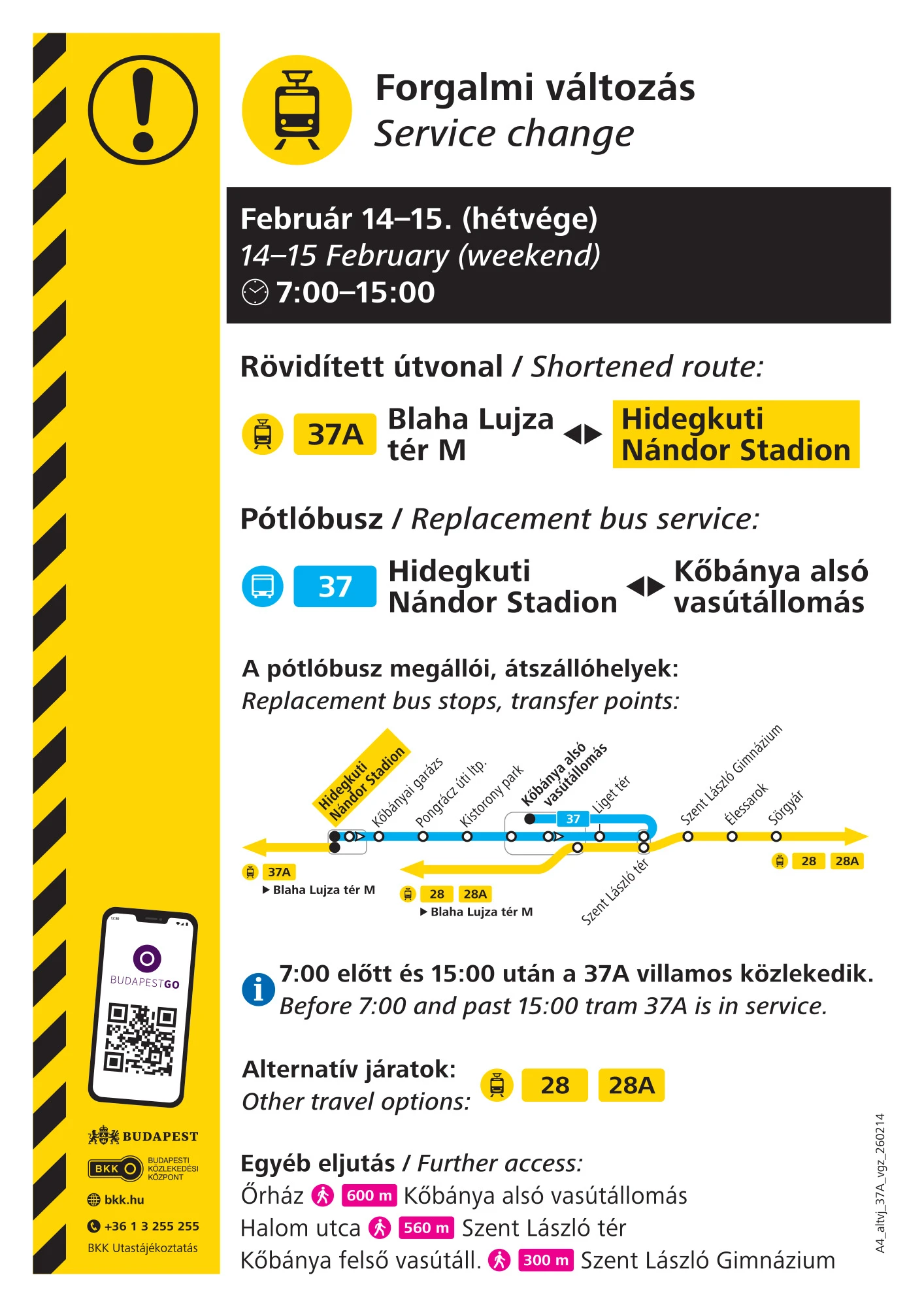 37A villamos hétvégi menetrend