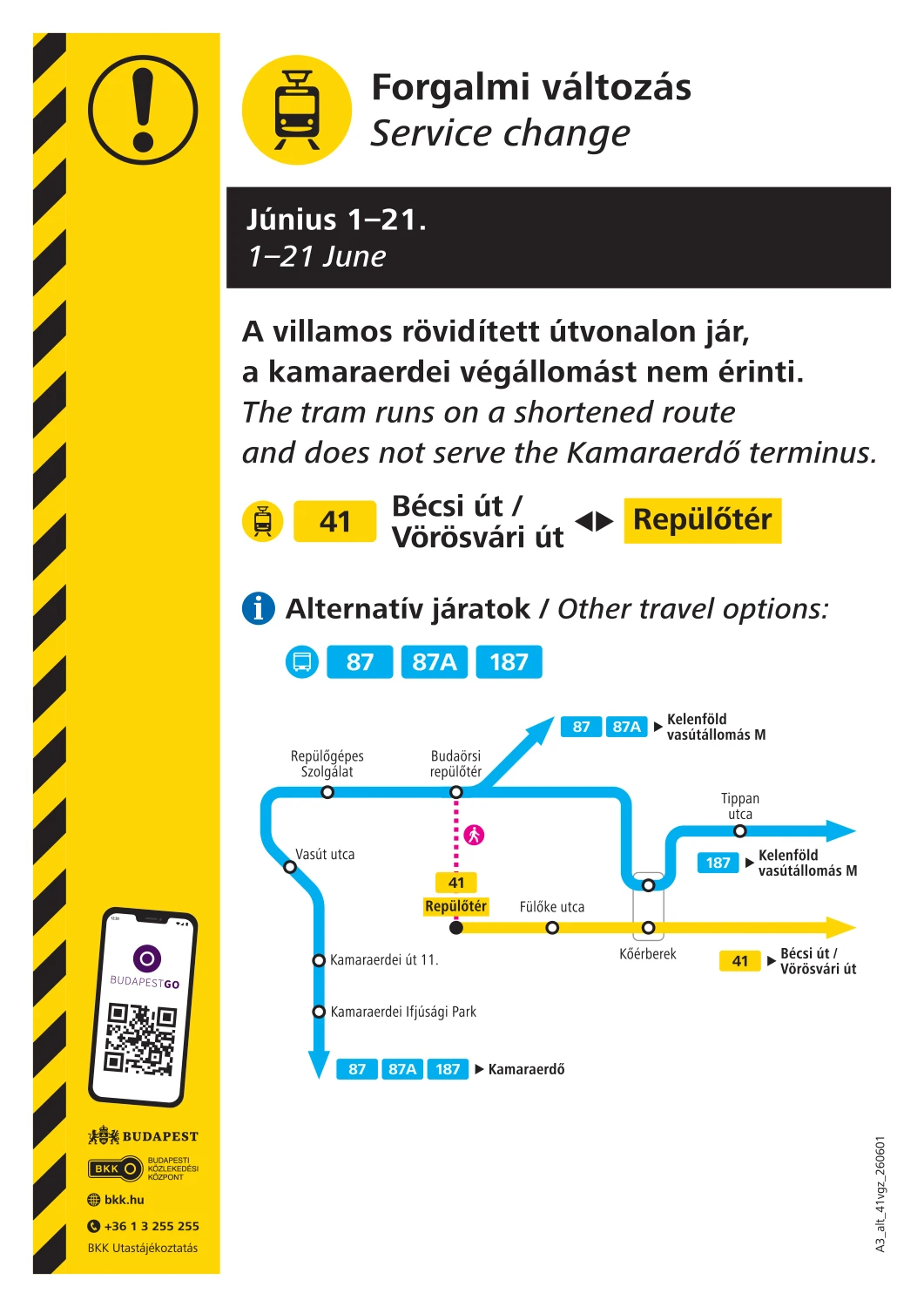 41-es villamos vágányzári menetrendje
