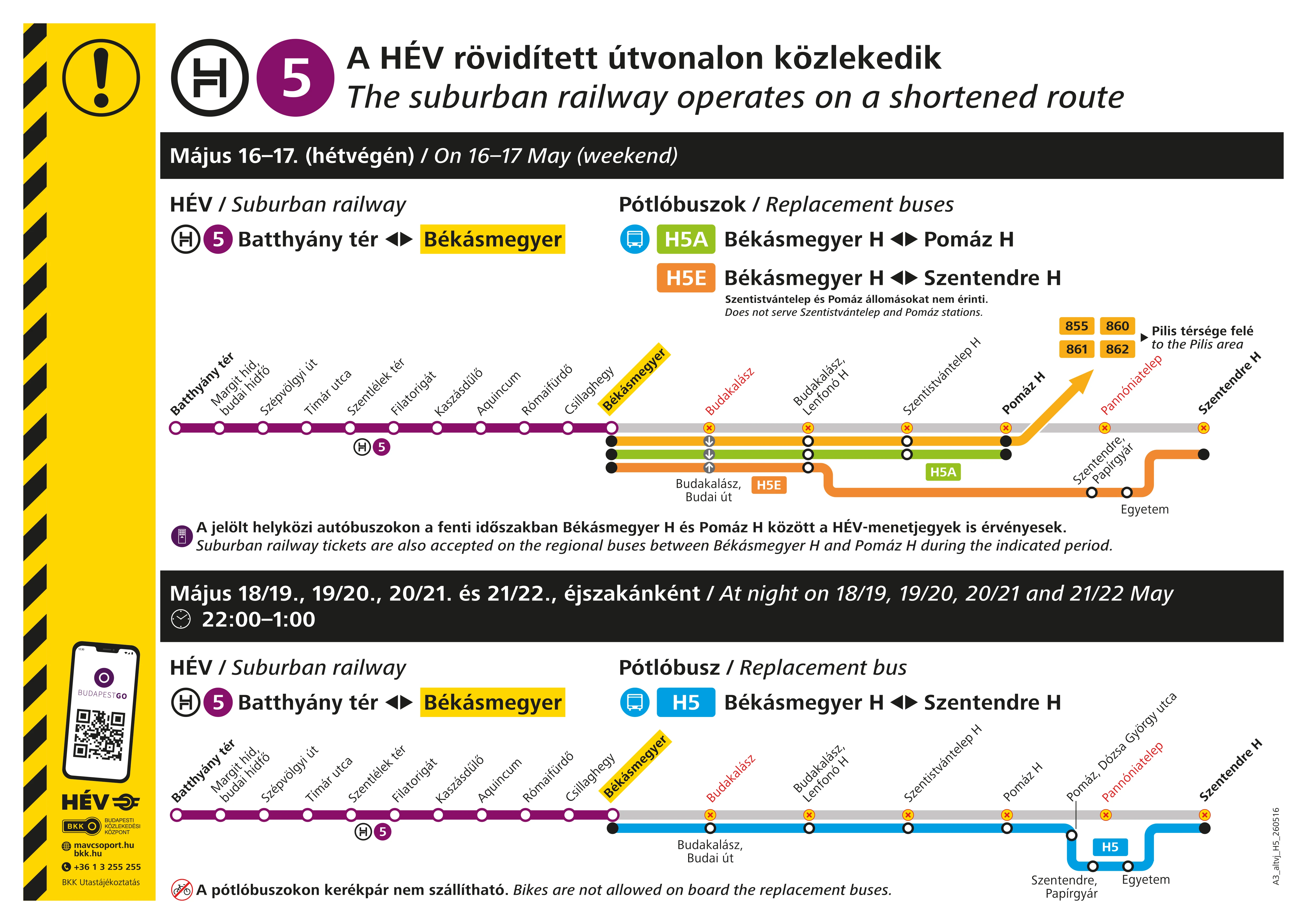 A H5-ös HÉV menetrendje május 16. és 21. között