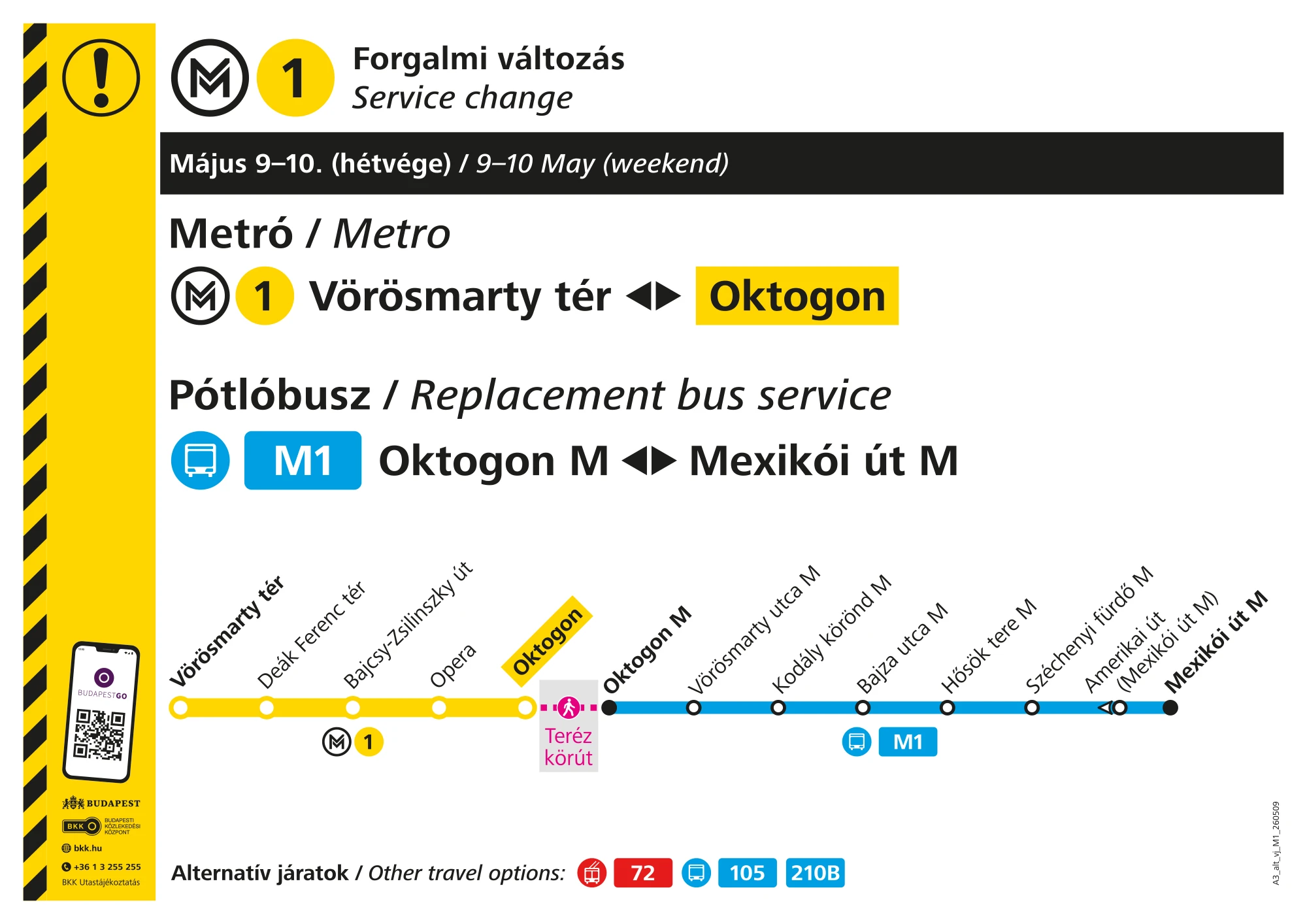 M1-es metró menetrendje május 9-én és 10-én