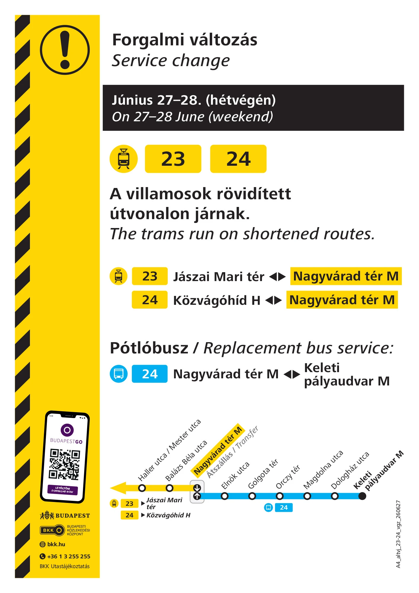 A 23-as és a 24-es villamos hétvégi menetrendje