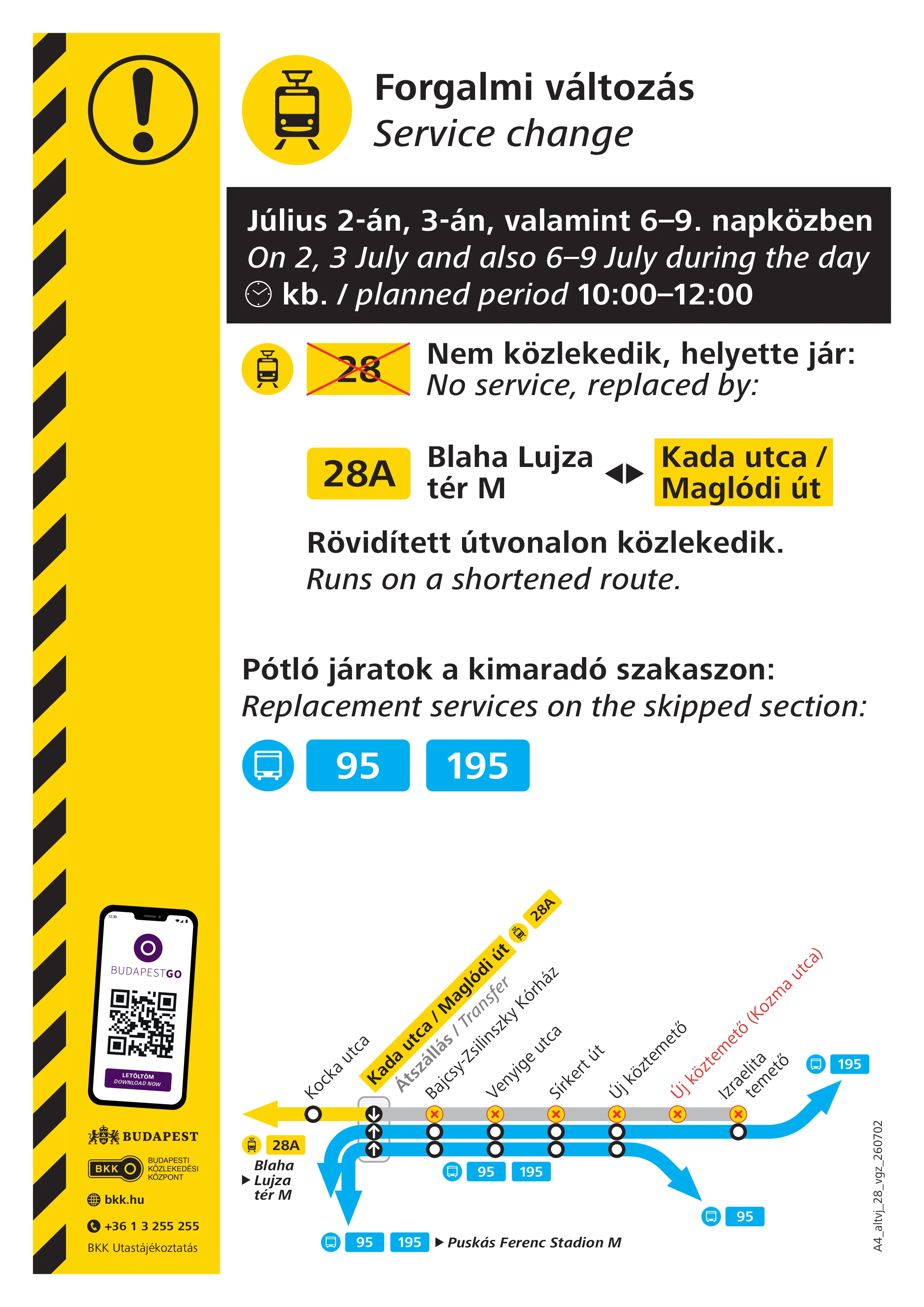A 28-as és a 28A villamosok ideiglenes menetrendje
