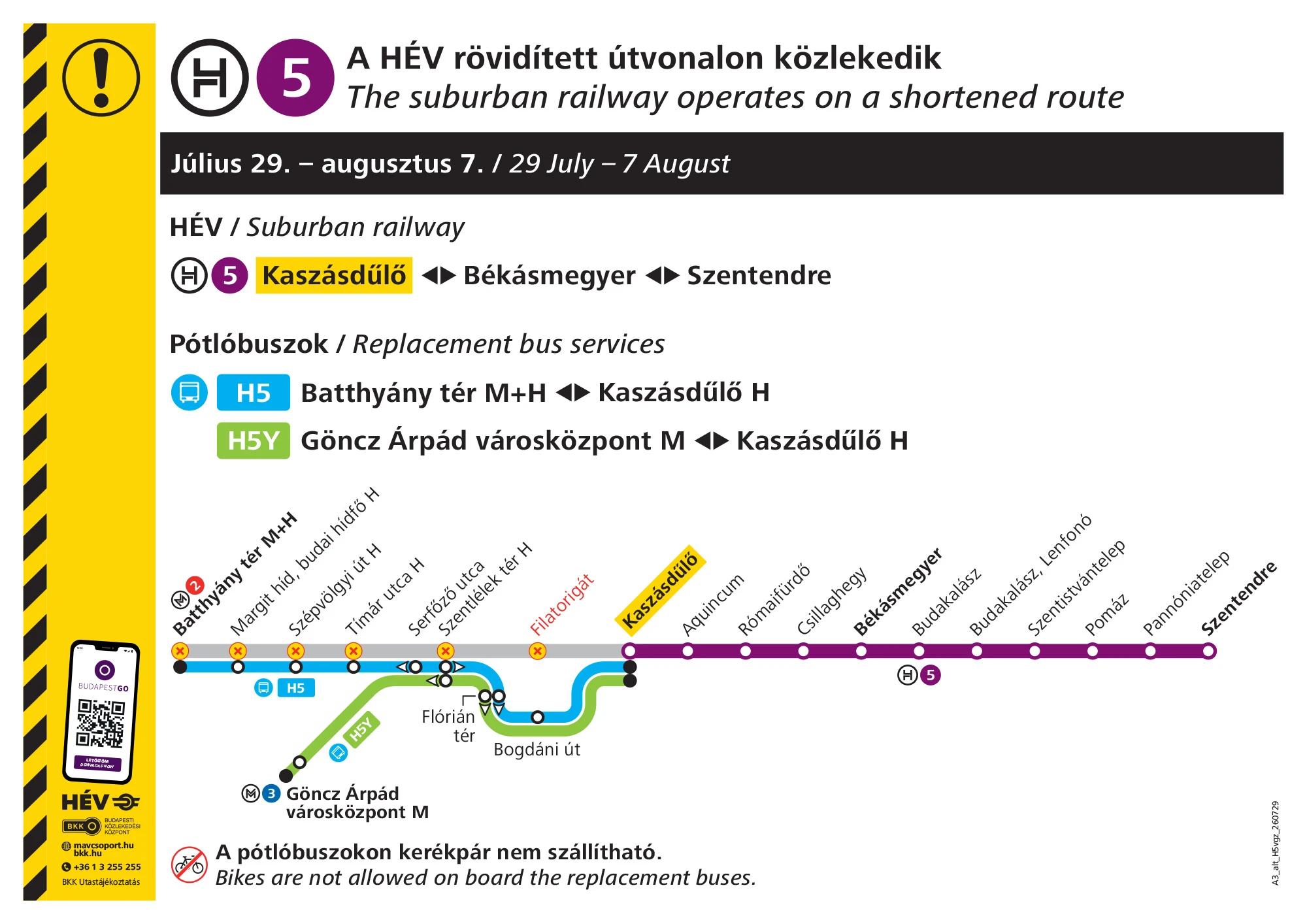 A H5-ös HÉV ideiglenes menetrendje